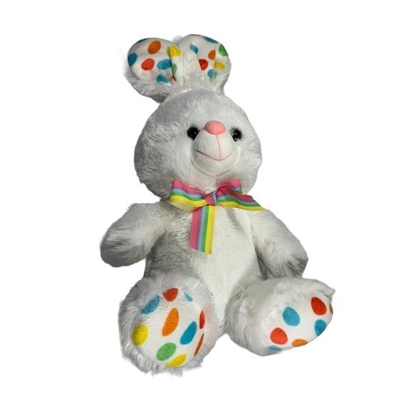 Megatoys‎ White Plush Rabbit Polka dots Rainbow Ribbon 14" Clean Soft￼ - Picture 6 of 8